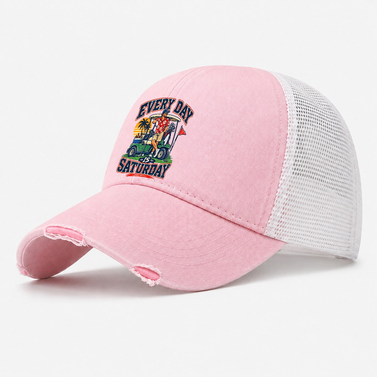 Every Day Is Saturday Golf Life Washed Trucker Hat – Light Pink