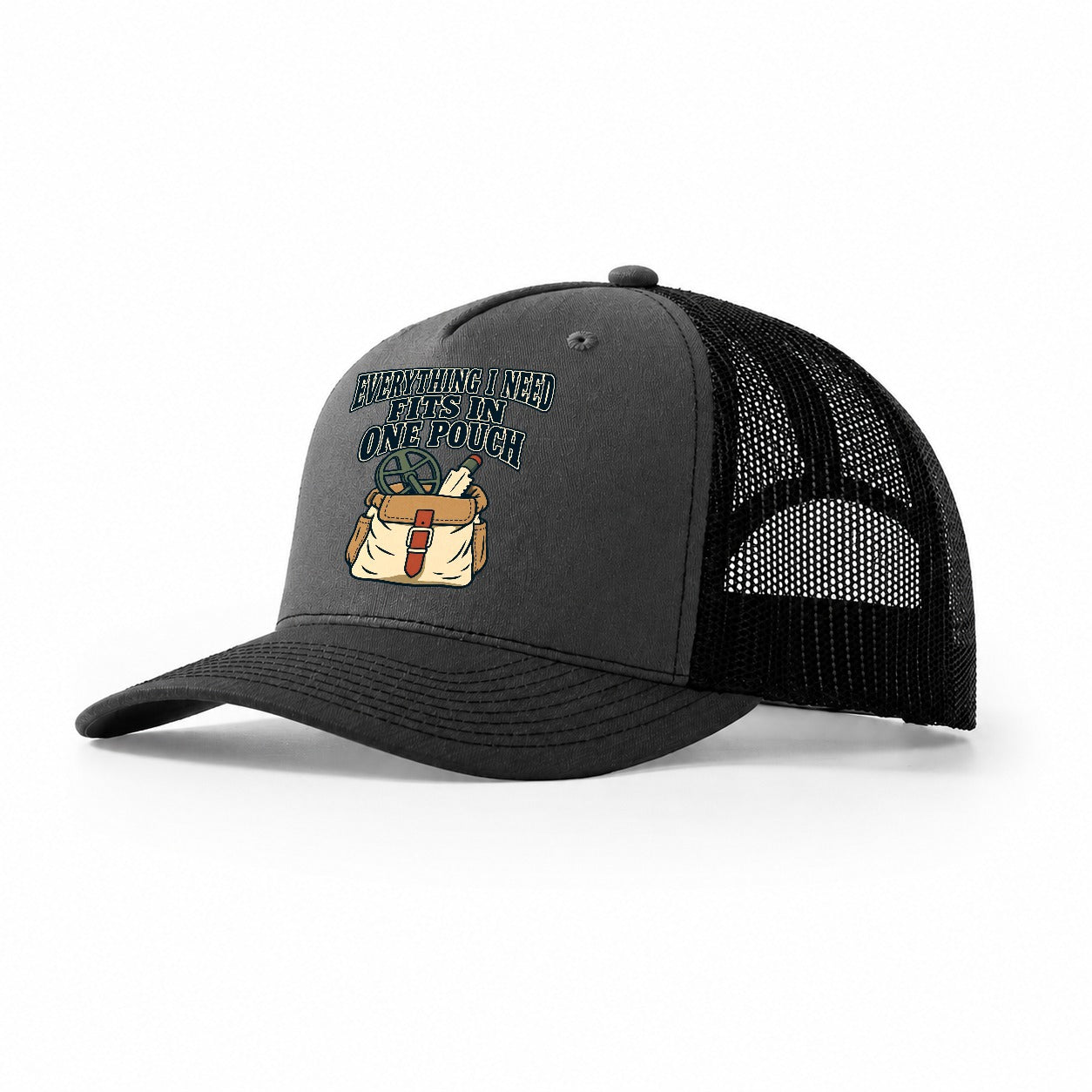 Everything In One Pouch Treasure Hunting Trucker Hat – Dark Grey Black