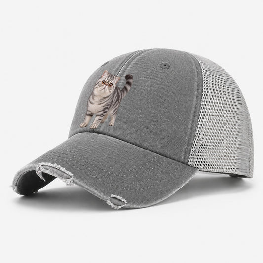Exotic Shorthair Standing Three Quarter Realistic Cat Portrait Washed Trucker Hat – Grey