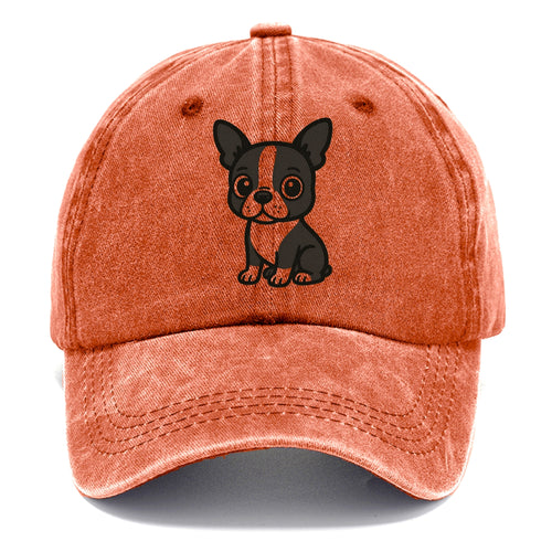 Boston Terrier Black And White Sitting Pose With Tuxedo Markings Portrait Design Classic Cap