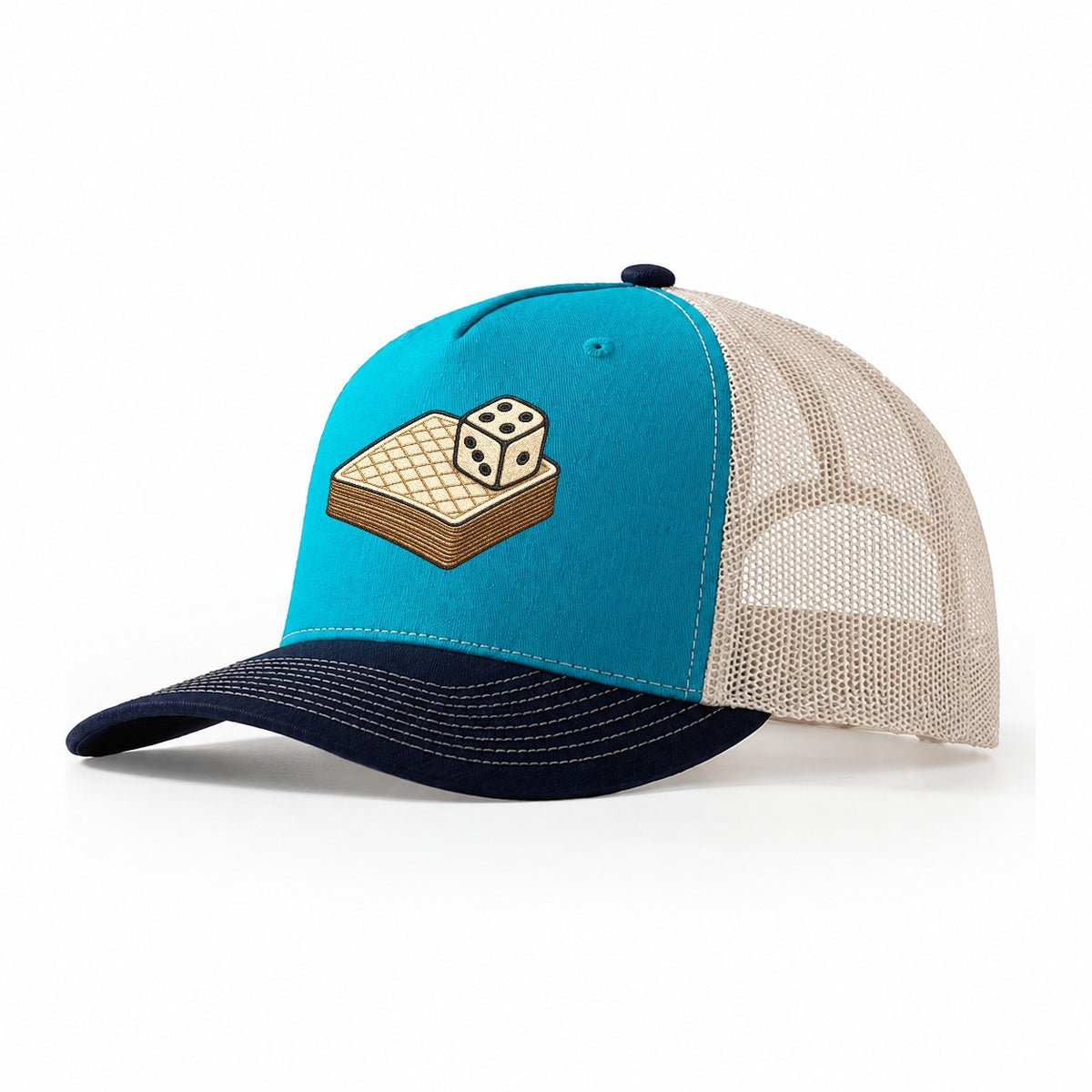 Face Down Card Deck With A Die On Top Board Games Trucker Hat – Teal Navy