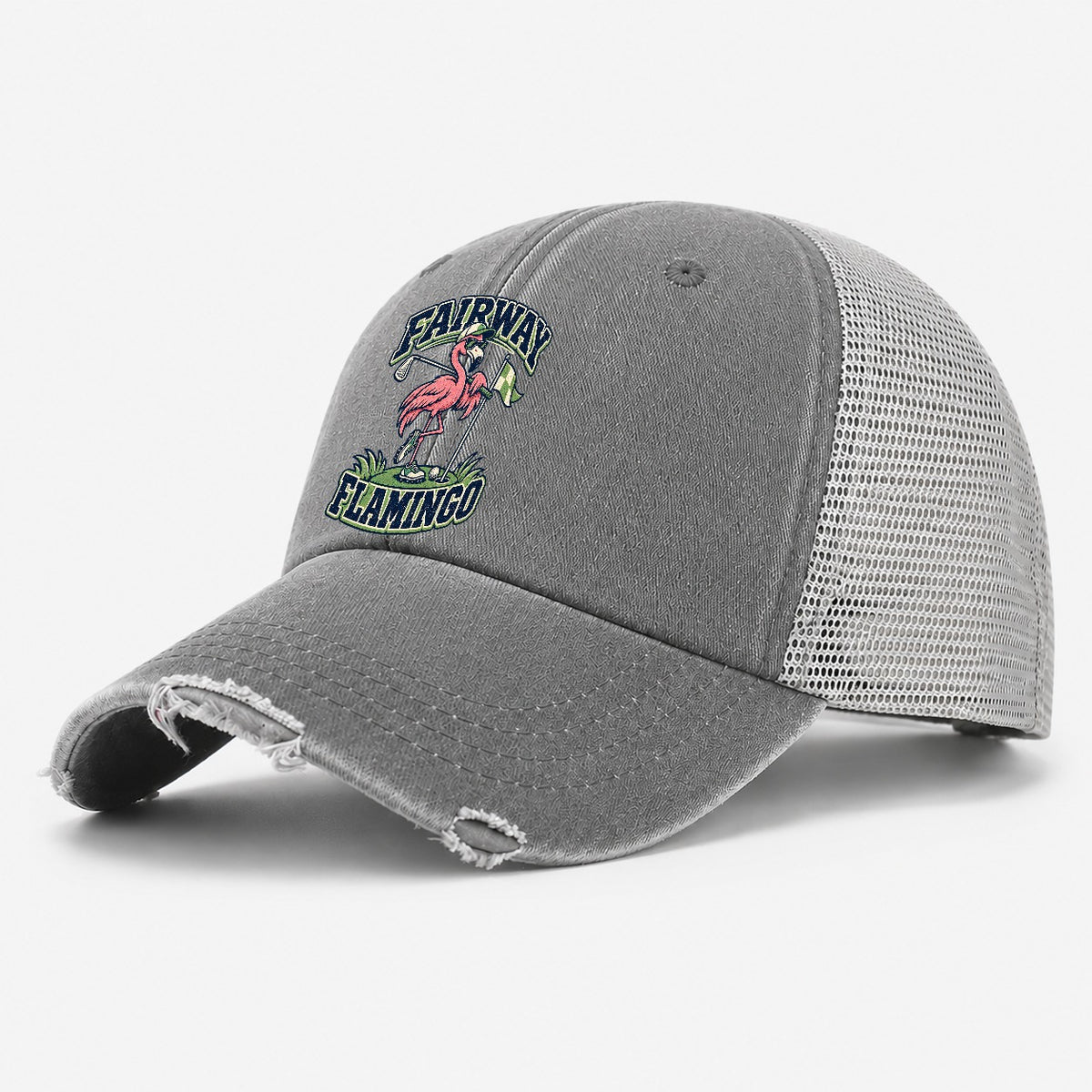 Fairway Flamingo Golf Life Washed Trucker Hat – Grey