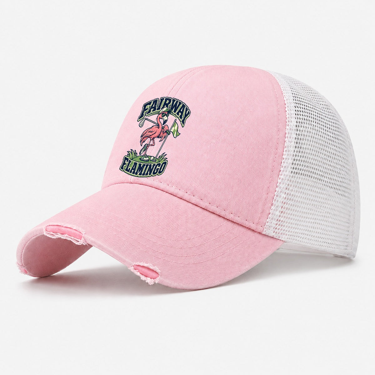 Fairway Flamingo Golf Life Washed Trucker Hat – Light Pink