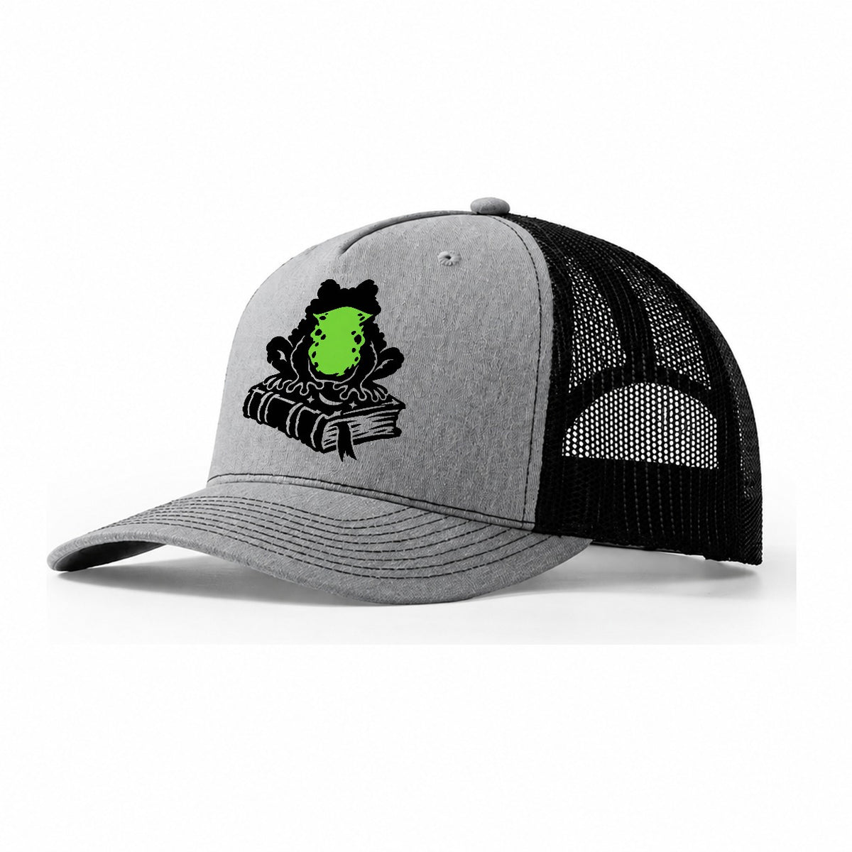 Familiar Toad On A Spellbook Witch Magic Trucker Hat – Sport Grey Black