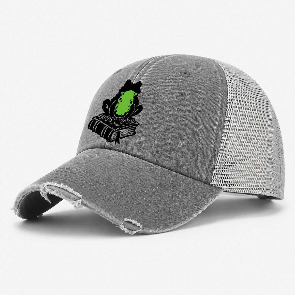 Familiar Toad On A Spellbook Witch Magic Washed Trucker Hat – Grey