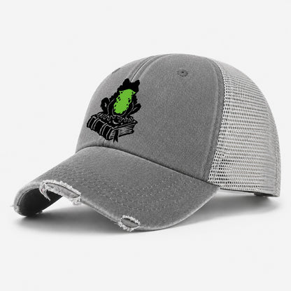 Familiar Toad On A Spellbook Witch Magic Washed Trucker Hat – Grey