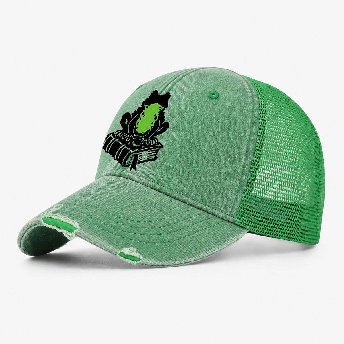 Familiar Toad On A Spellbook Witch Magic Washed Trucker Hat – Ink Green