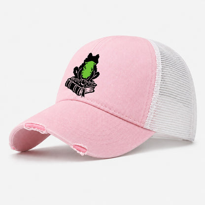 Familiar Toad On A Spellbook Witch Magic Washed Trucker Hat – Light Pink