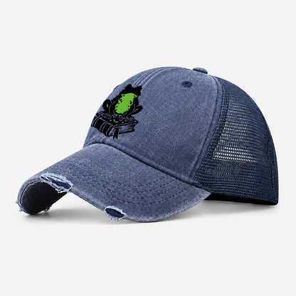 Familiar Toad On A Spellbook Witch Magic Washed Trucker Hat – Navy