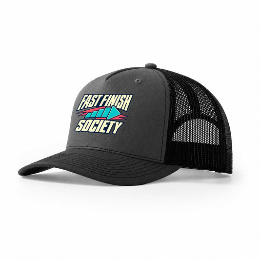 Fast Finish Society 90S Running Clubs Trucker Hat – Dark Grey Black