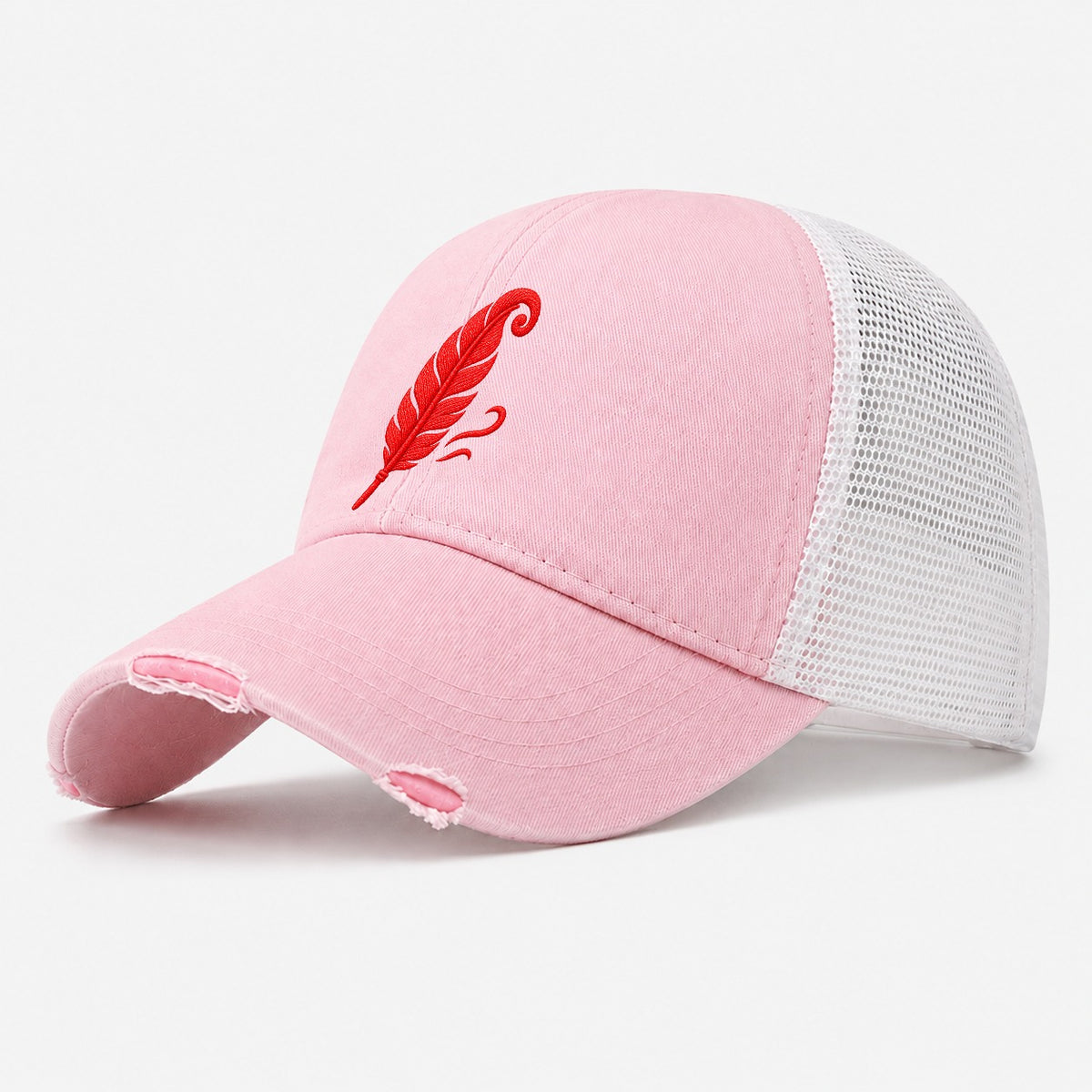 Feather Wind Curl Micro Motion Mark Washed Trucker Hat – Light Pink