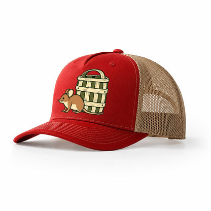 Field Mouse And Basket Foraging And Mycology Trucker Hat – Red Khaki