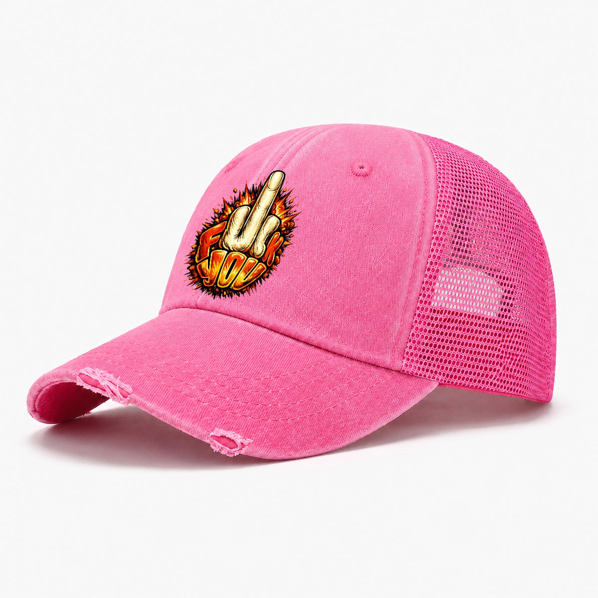 Fiery Illustrated Fuck You! Gesture Washed Trucker Hat – Rose