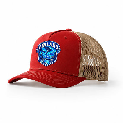 Finland Retro Badge Country Logos Trucker Hat – Red Khaki