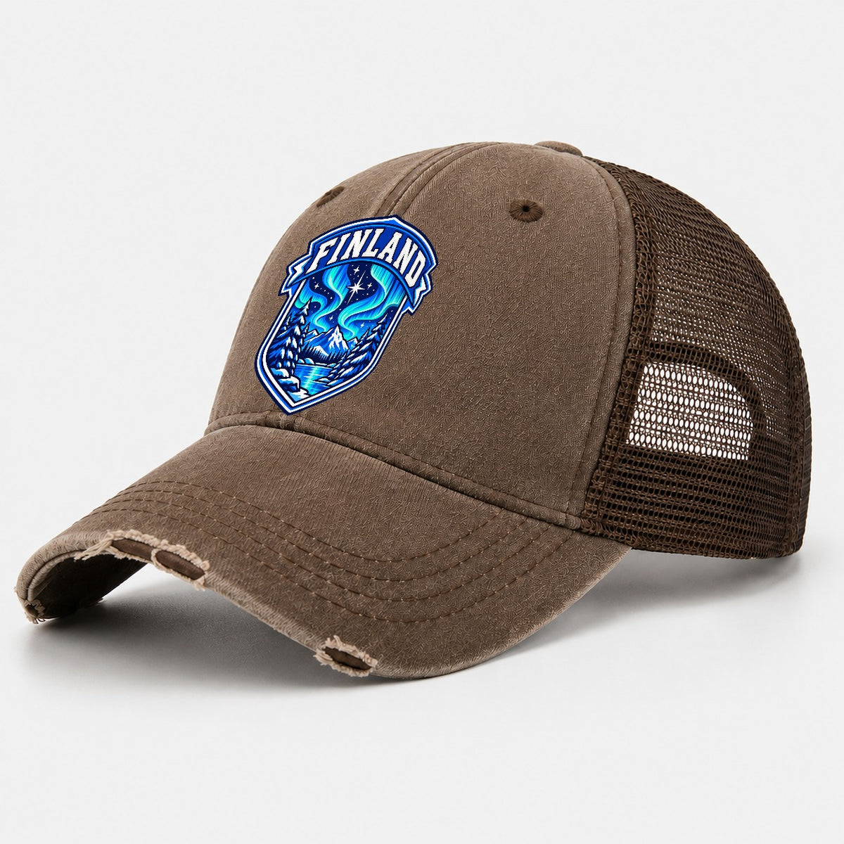 Finland Retro Badge Country Logos Washed Trucker Hat – Coffee