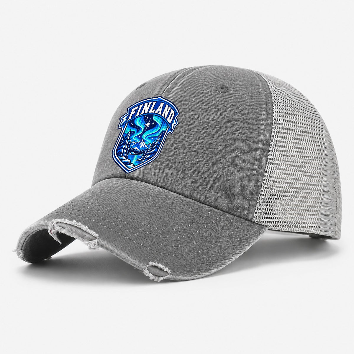 Finland Retro Badge Country Logos Washed Trucker Hat – Grey