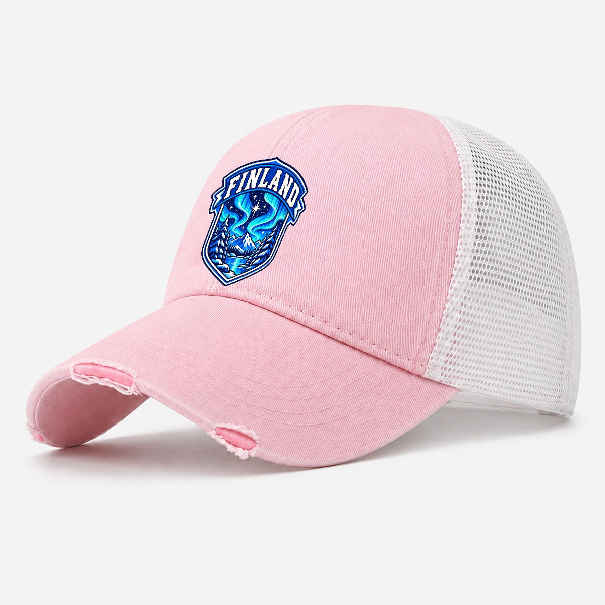 Finland Retro Badge Country Logos Washed Trucker Hat – Light Pink