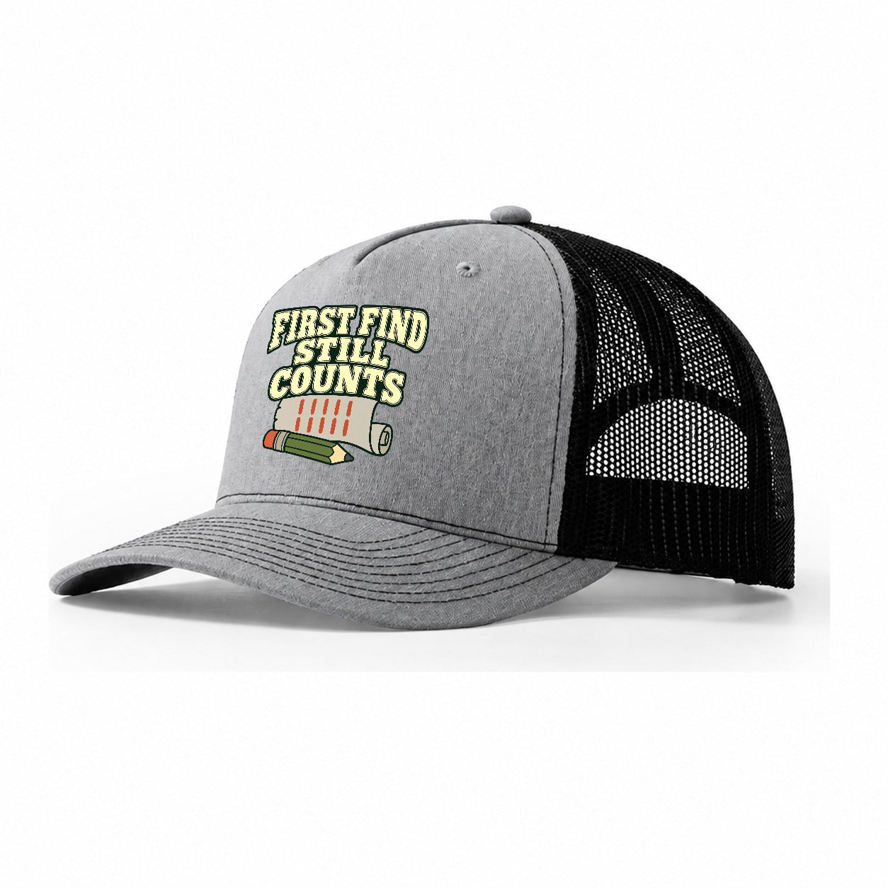 First Find Still Counts Geocaching Trucker Hat – Sport Grey Black
