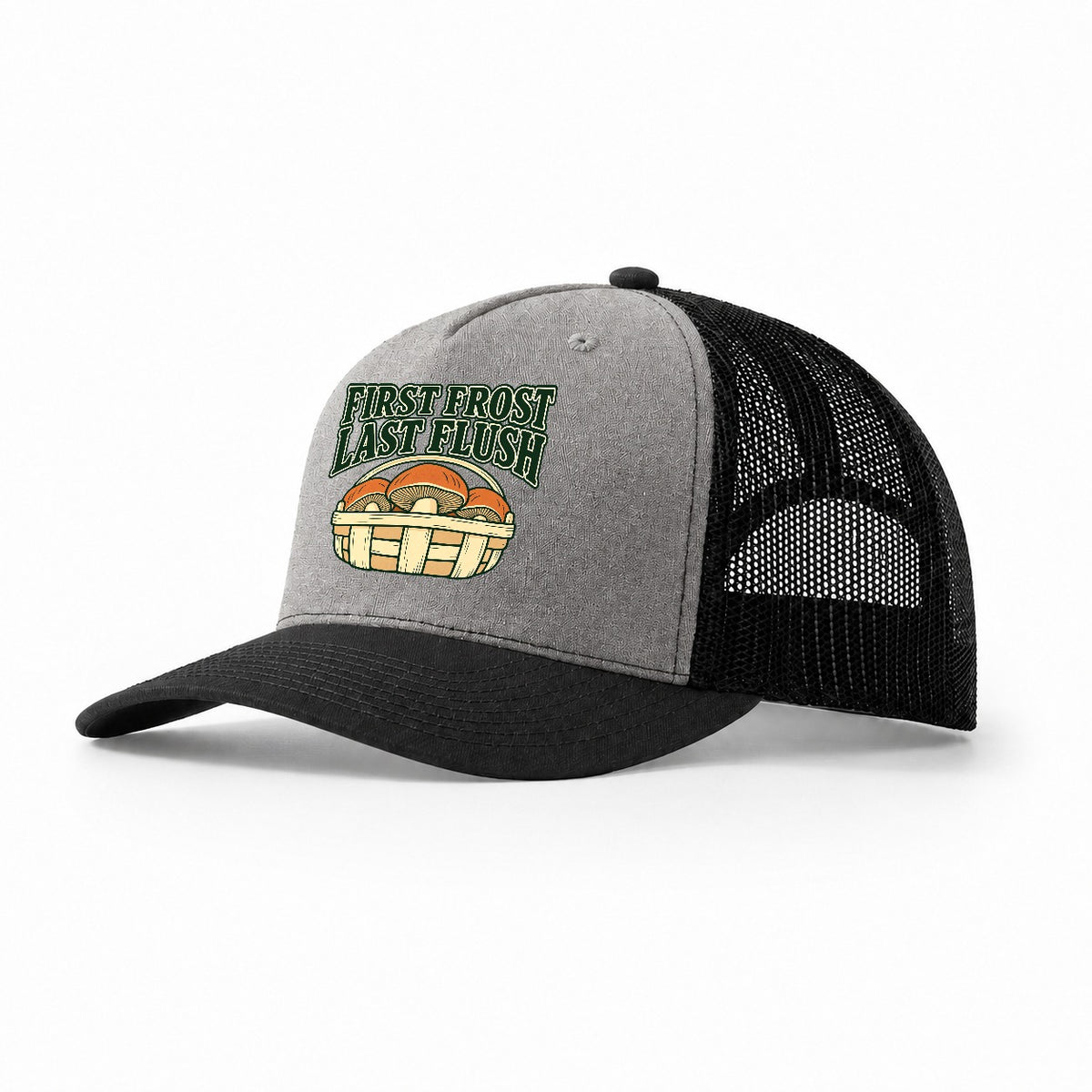 First Frost Last Flush Foraging And Mycology Trucker Hat – Grey Black