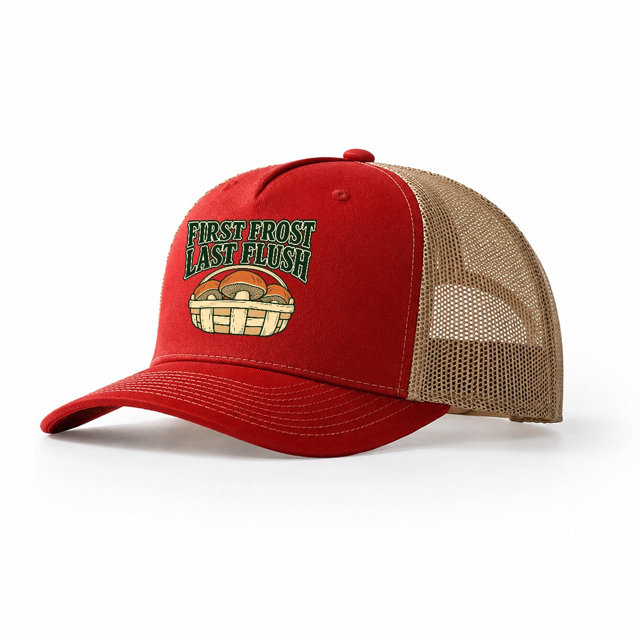 First Frost Last Flush Foraging And Mycology Trucker Hat – Red Khaki