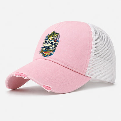 Fish More Worry Less Fishing Elegant Washed Trucker Hat – Light Pink