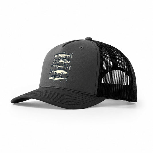 Fish School Stack Fishing Elegant Trucker Hat – Dark Grey Black