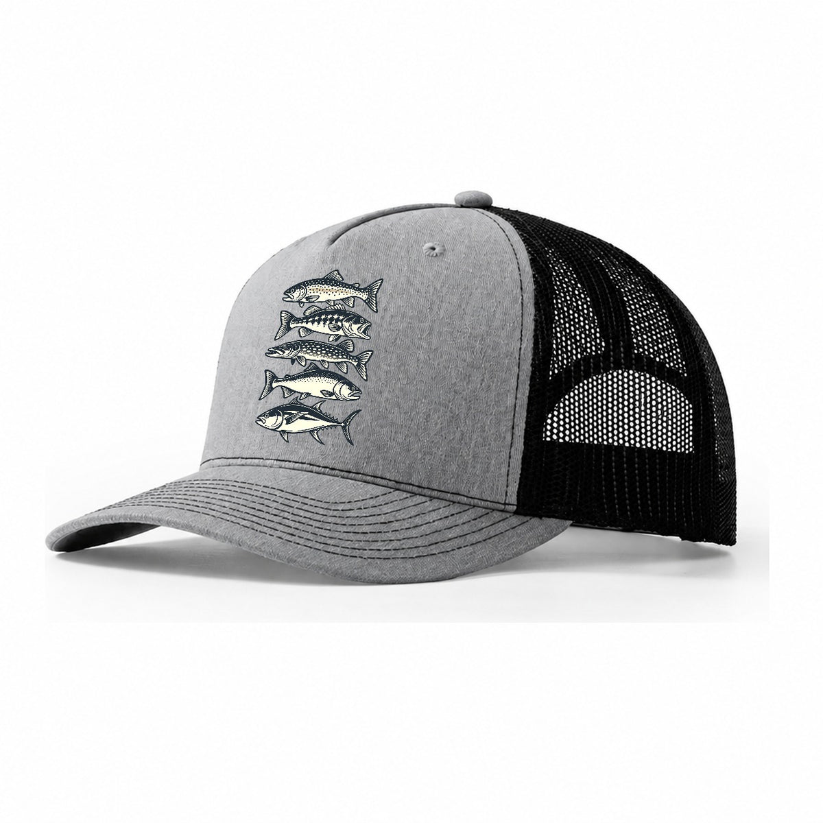 Fish School Stack Fishing Elegant Trucker Hat – Sport Grey Black
