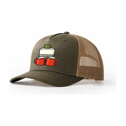 Flask And Two Mugs Geocaching Trucker Hat – Olive Khaki