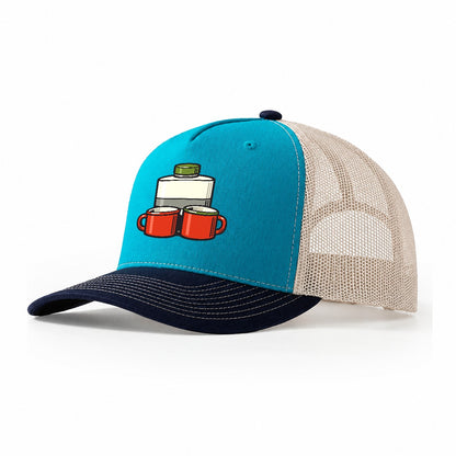 Flask And Two Mugs Geocaching Trucker Hat – Teal Navy