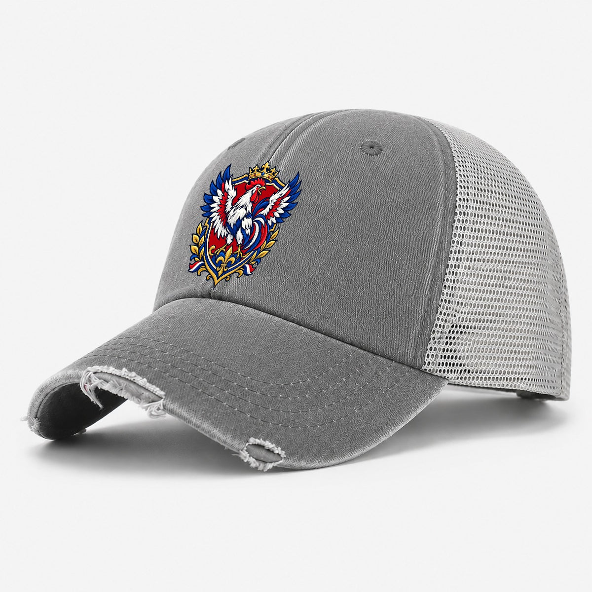 France Heraldic Crest Country Logos Washed Trucker Hat – Grey