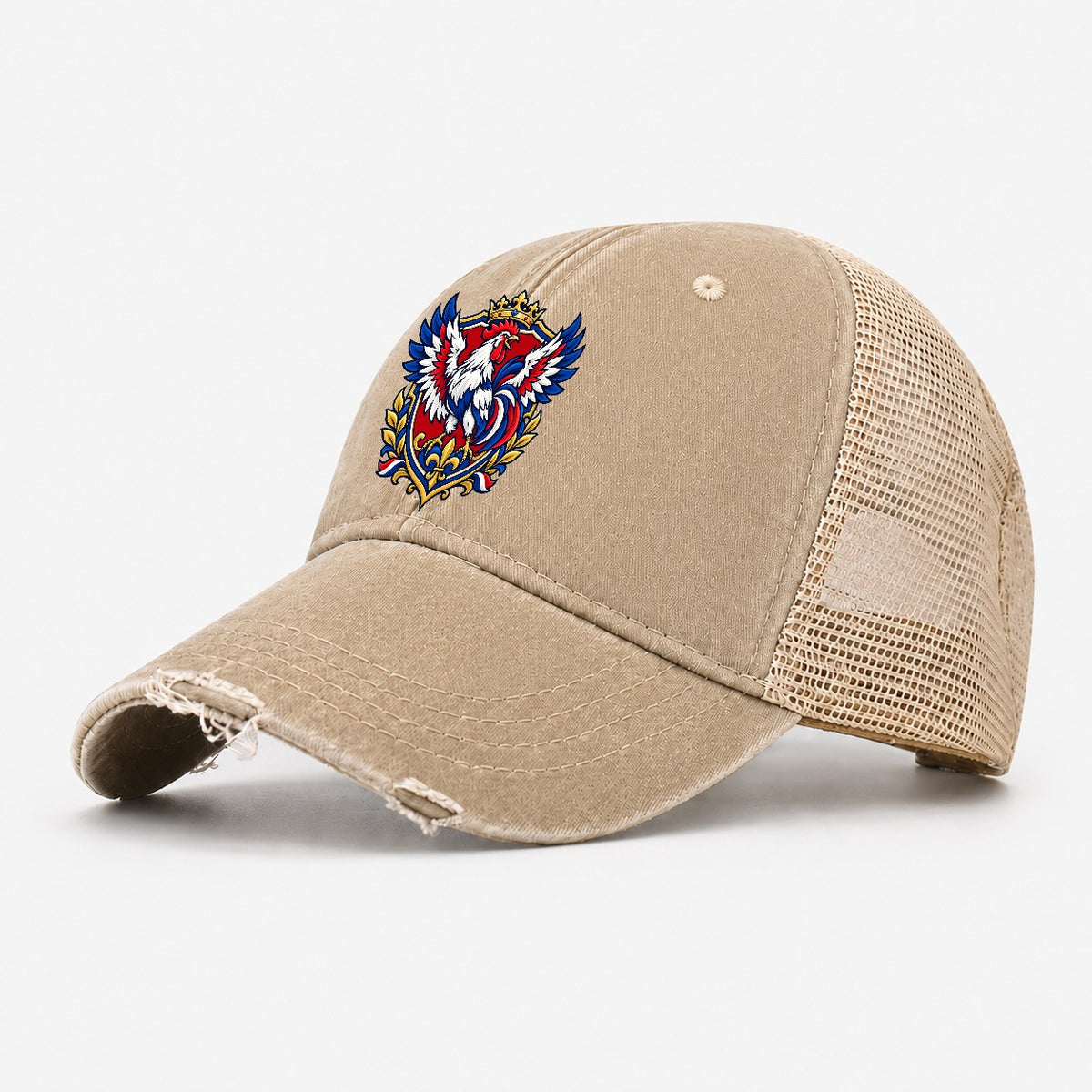 France Heraldic Crest Country Logos Washed Trucker Hat – Khaki