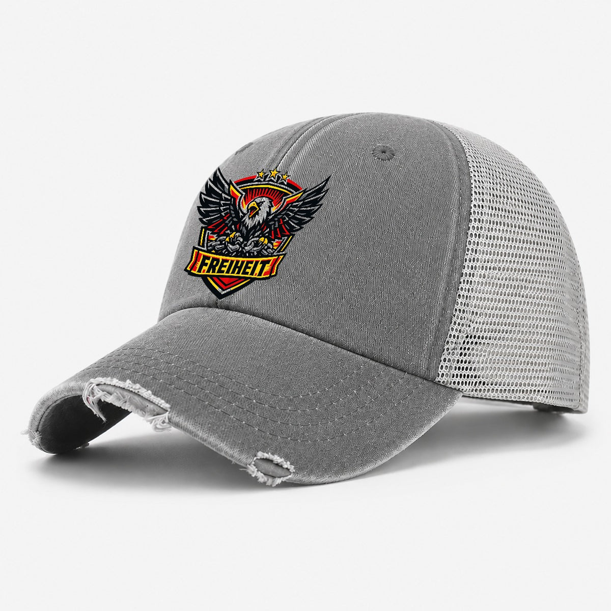 Freiheit Crest Washed Trucker Hat – Grey