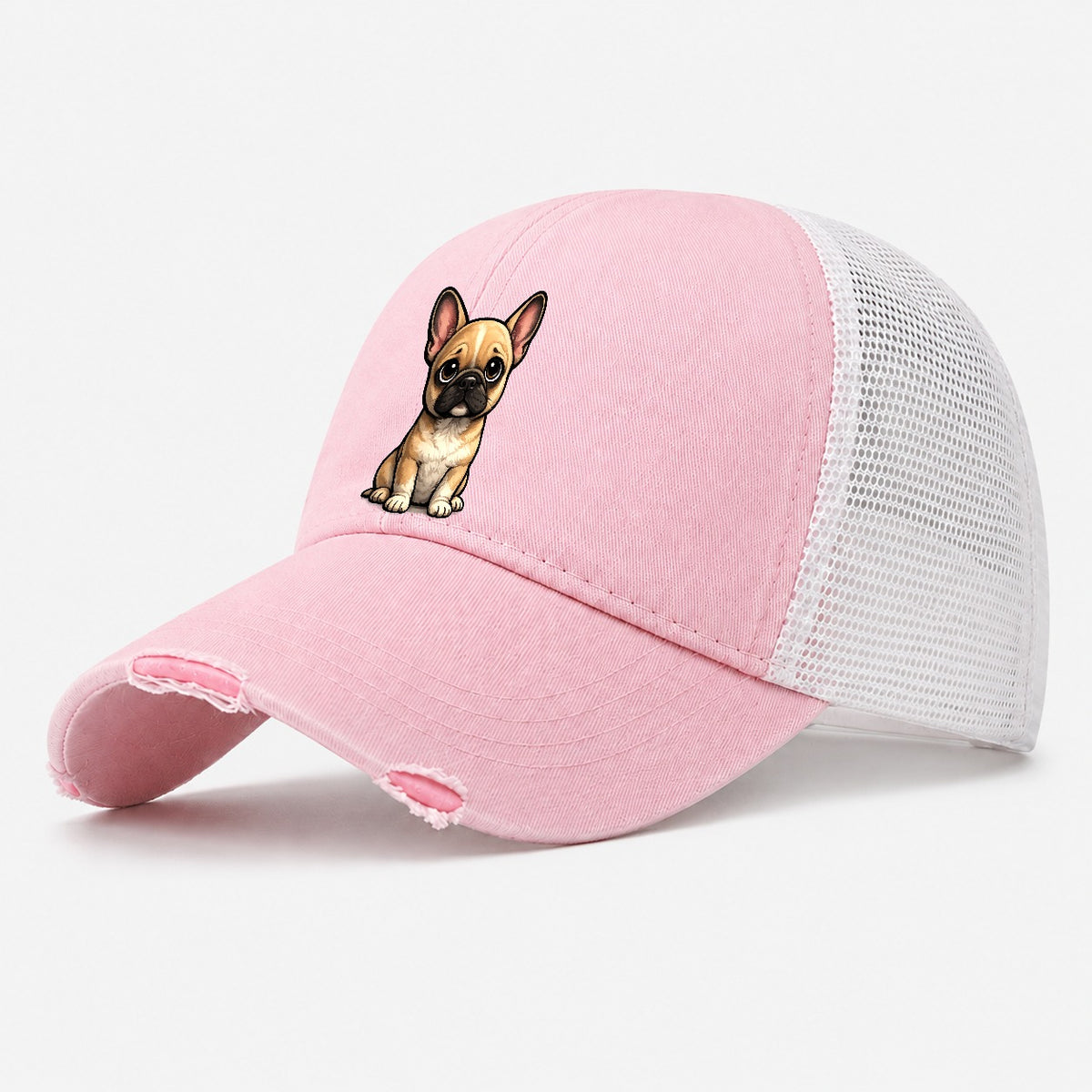 French Bulldog Sitting Sweetheart Washed Trucker Hat – Light Pink