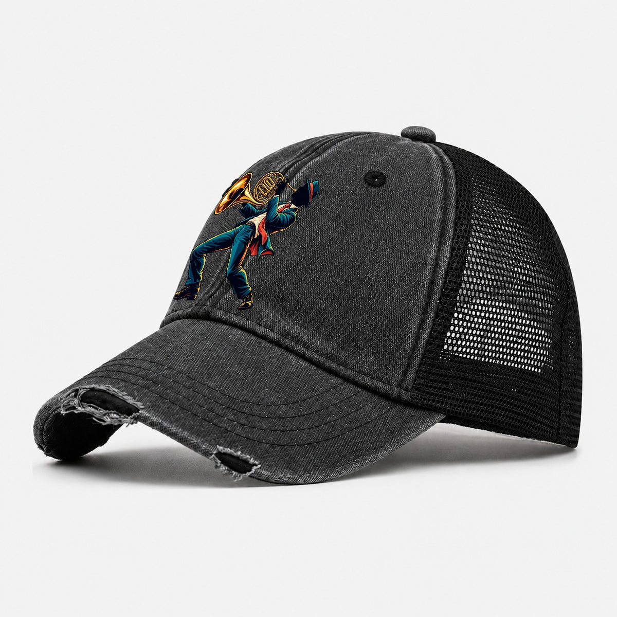 French Horn Icon Music Instruments Washed Trucker Hat – Black
