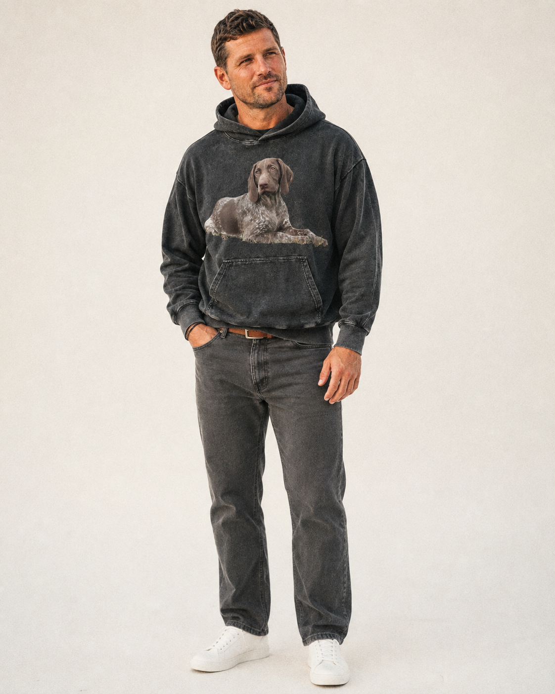 German Shorthaired Pointer 2 Vintage Washed Hoodie – studio model photo