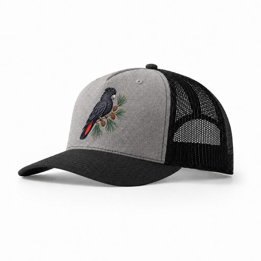 Glossy Black Cockatoo And She Oak Cones Australia Cultural Icons Trucker Hat – Grey Black
