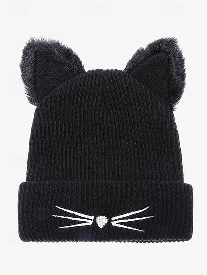 Women's Cute Cat Ear Beanie – Burgundy Knit Hat with Faux Fur Ears and Whisker Embroidery, Cozy and Stylish Winter Accessory
