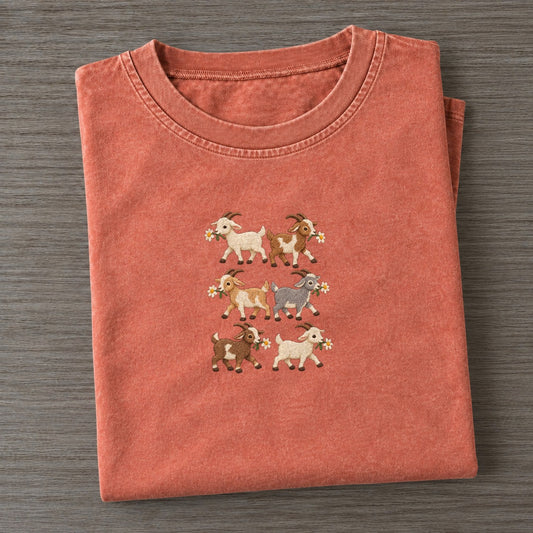 Goats With Daisies Single File Vintage T-shirt – Terracotta