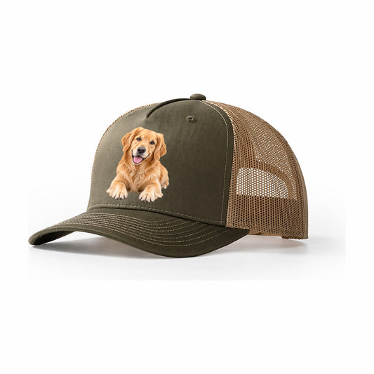Golden Retriever Head Tilt Close Up Top Breeds Trucker Hat – Olive Khaki