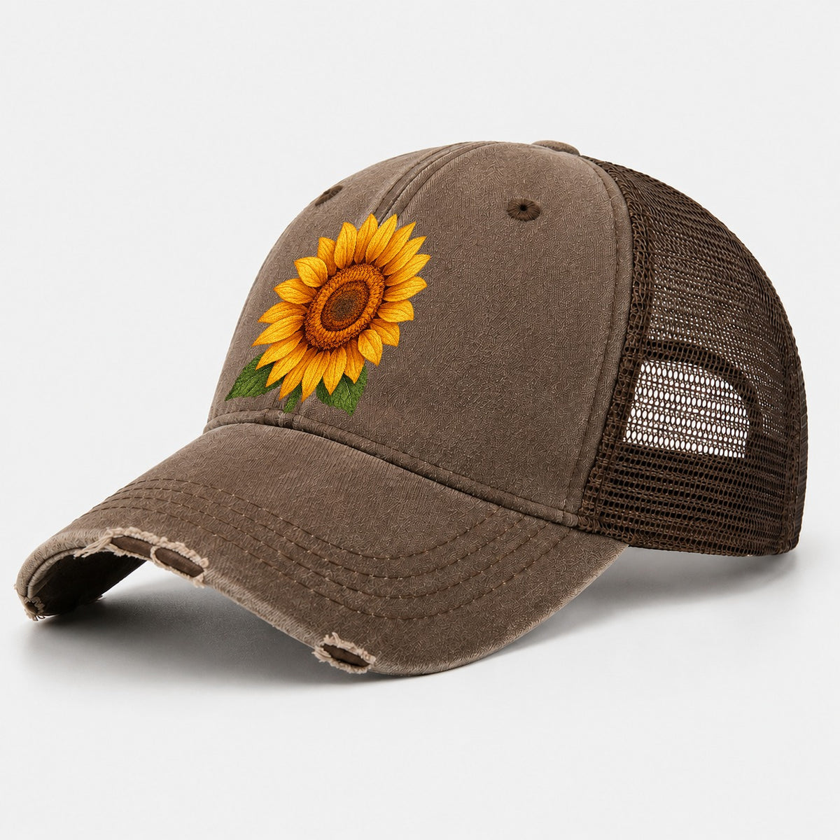 Golden Sunflower Bloom Washed Trucker Hat – Coffee