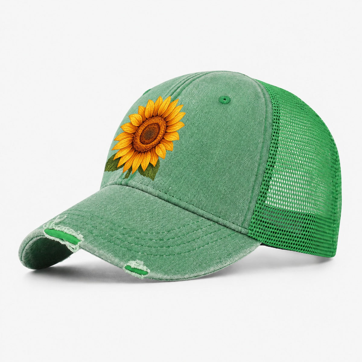 Golden Sunflower Bloom Washed Trucker Hat – Ink Green