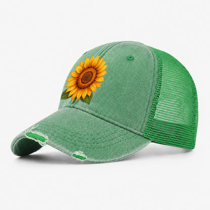 Golden Sunflower Bloom Washed Trucker Hat – Ink Green