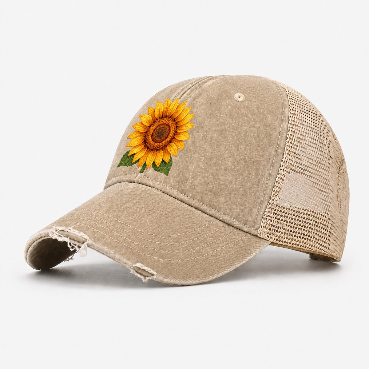 Golden Sunflower Bloom Washed Trucker Hat – Khaki