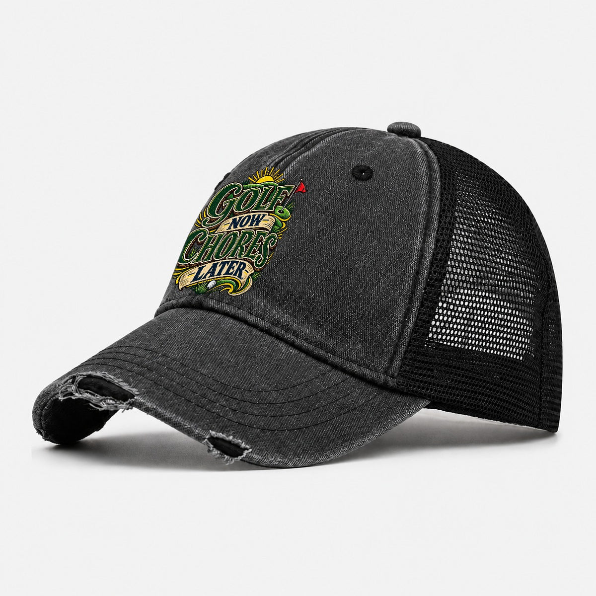 Golf Now Chores Later Retired Living Washed Trucker Hat – Black