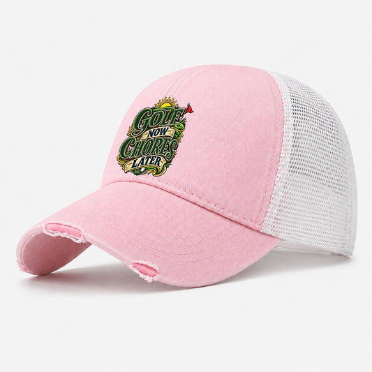 Golf Now Chores Later Retired Living Washed Trucker Hat – Light Pink