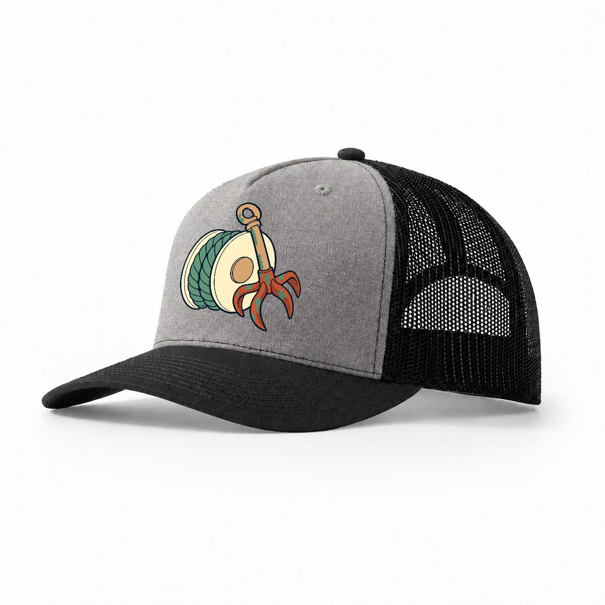 Grapple And Line Spool Treasure Hunting Trucker Hat – Grey Black