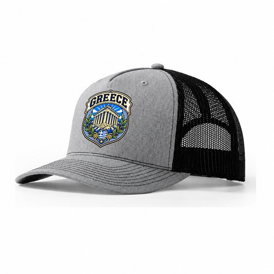 Greece Retro Badge Country Logos Trucker Hat – Sport Grey Black