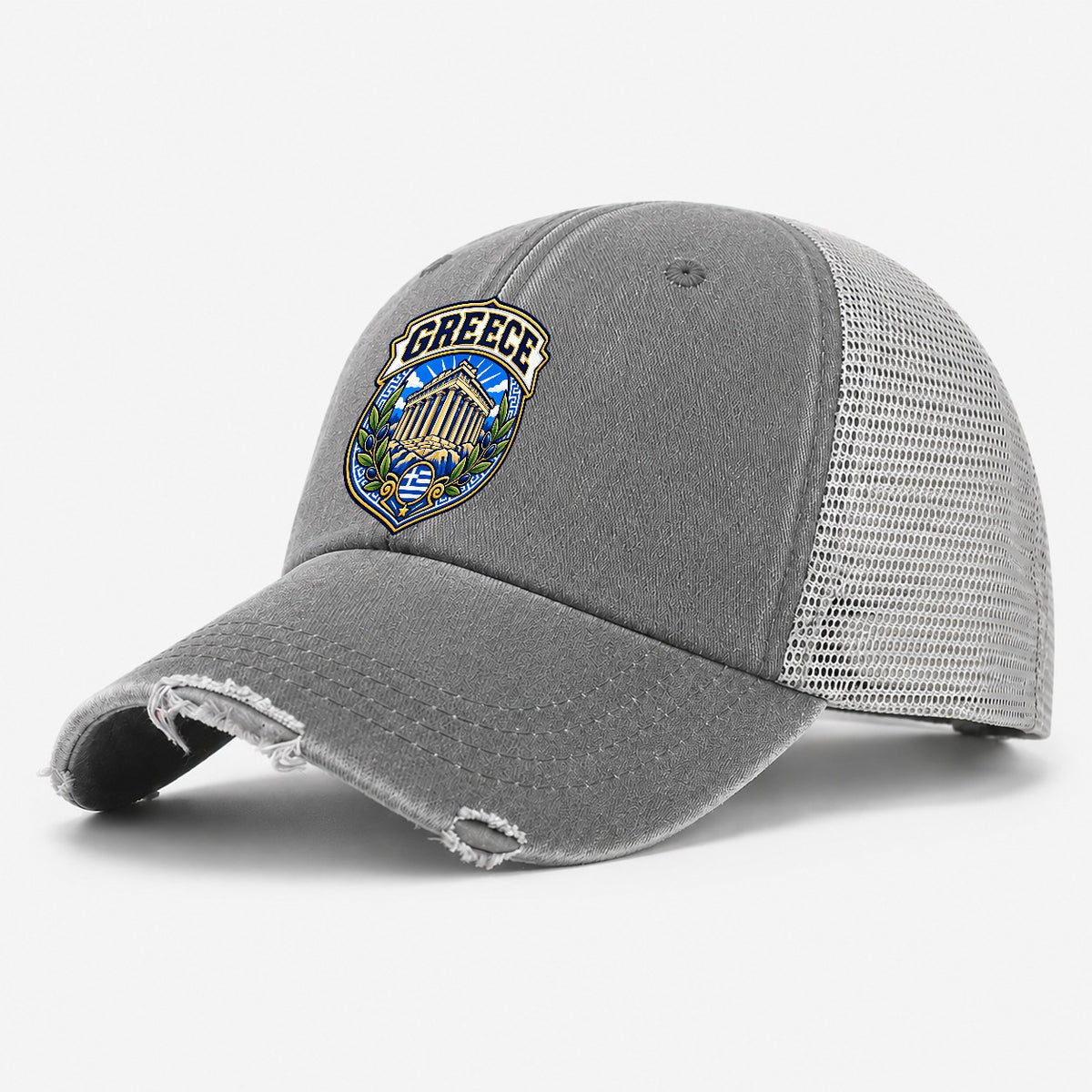 Greece Retro Badge Country Logos Washed Trucker Hat – Grey