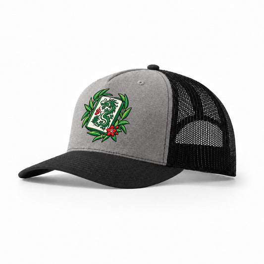Green Dragon Mahjong Game Night Trucker Hat – Grey Black