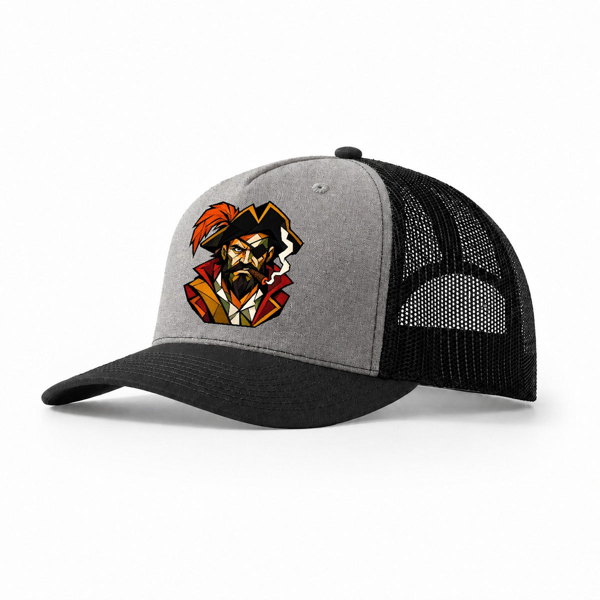 Pirate Captain Portrait Trucker Hat – Grey Black